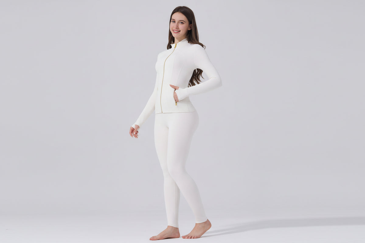 【Golden Zipper】【Gardenia Fragrance】Soft Brushed Women'S Sporty Jacket, 25'' Inseam Leggings. Golden Zipper Jacket with Pockets, Yoga Pants, Thumbholes Design, Casual Wear for Women