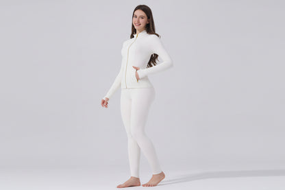 【Golden Zipper】【Gardenia Fragrance】Soft Brushed Women'S Sporty Jacket, 25'' Inseam Leggings. Golden Zipper Jacket with Pockets, Yoga Pants, Thumbholes Design, Casual Wear for Women