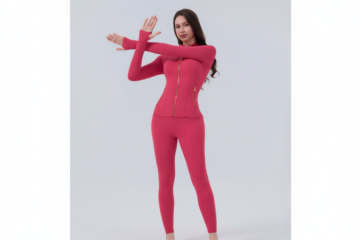 【Golden Zipper】【Gardenia Fragrance】Soft Brushed Women'S Sporty Jacket, 25'' Inseam Leggings. Golden Zipper Jacket with Pockets, Yoga Pants, Thumbholes Design, Casual Wear for Women